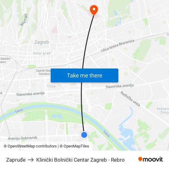 Zapruđe to Klinički Bolnički Centar Zagreb - Rebro map