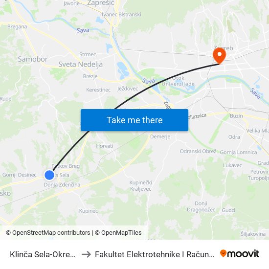 Klinča Sela-Okretište to Fakultet Elektrotehnike I Računarstva map