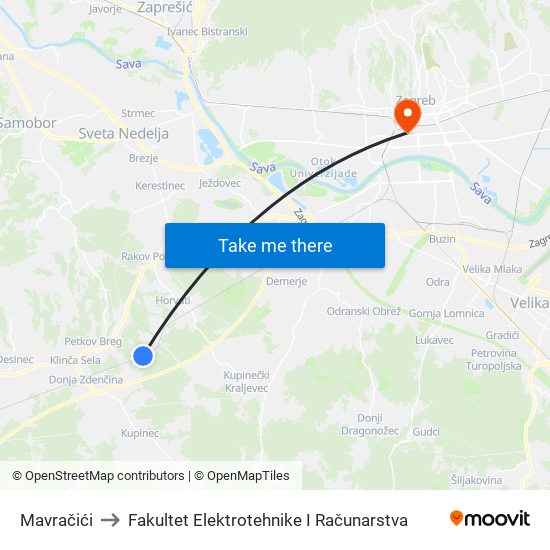 Mavračići to Fakultet Elektrotehnike I Računarstva map