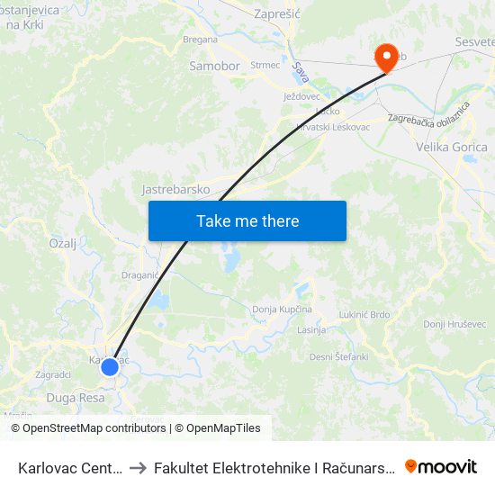 Karlovac Centar to Fakultet Elektrotehnike I Računarstva map