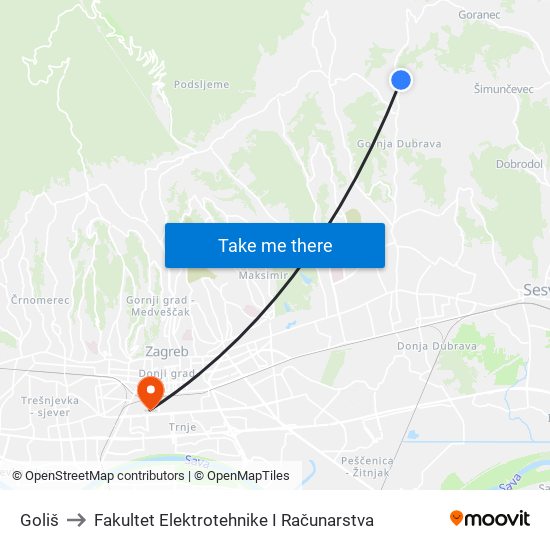 Goliš to Fakultet Elektrotehnike I Računarstva map