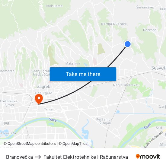 Branovečka to Fakultet Elektrotehnike I Računarstva map