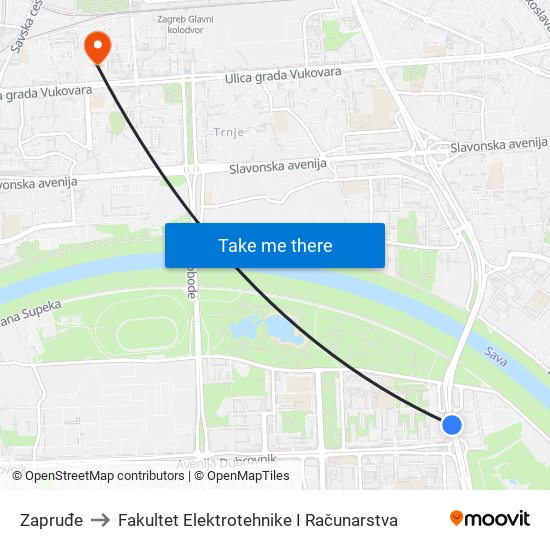 Zapruđe to Fakultet Elektrotehnike I Računarstva map