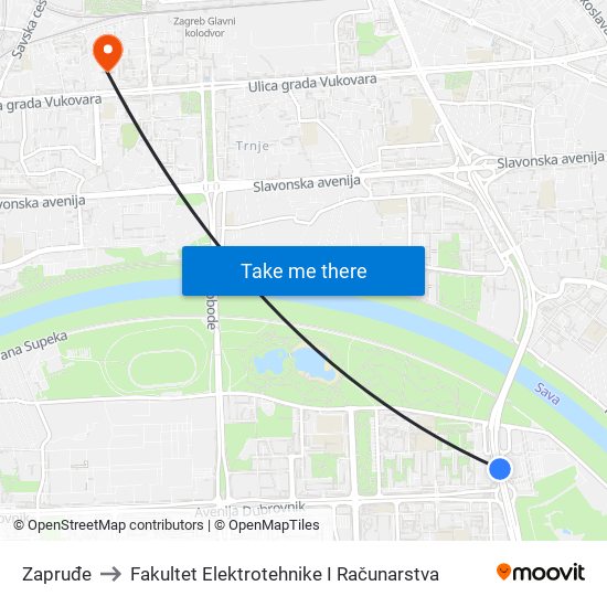 Zapruđe to Fakultet Elektrotehnike I Računarstva map