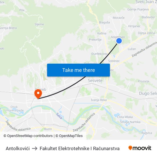 Antolkovići to Fakultet Elektrotehnike I Računarstva map