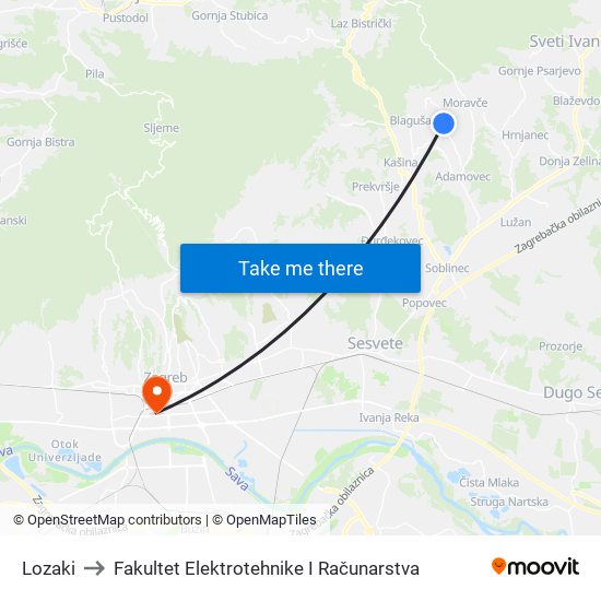 Lozaki to Fakultet Elektrotehnike I Računarstva map