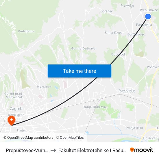 Prepuštovec-Vurnovec to Fakultet Elektrotehnike I Računarstva map