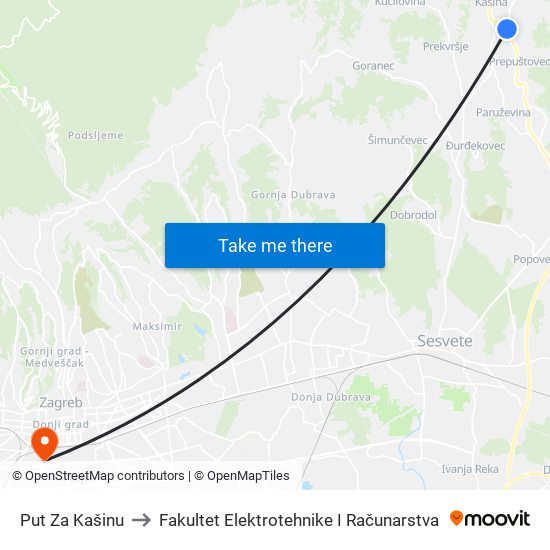 Put Za Kašinu to Fakultet Elektrotehnike I Računarstva map