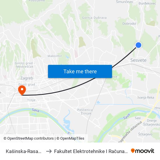 Kašinska-Rasadnik to Fakultet Elektrotehnike I Računarstva map