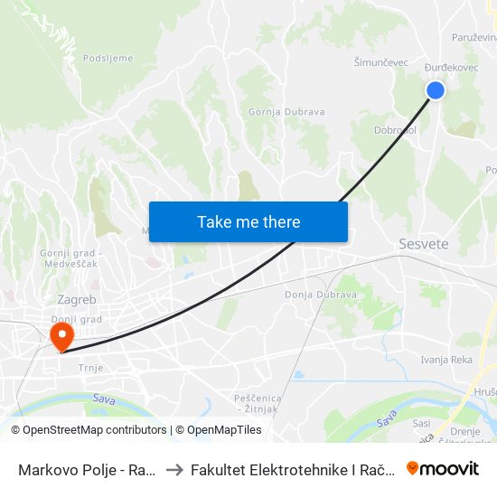 Markovo Polje - Raskrižje to Fakultet Elektrotehnike I Računarstva map