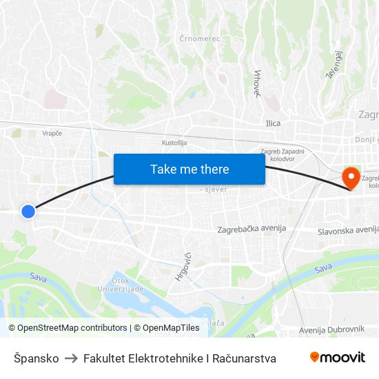 Špansko to Fakultet Elektrotehnike I Računarstva map