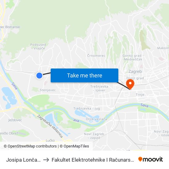 Josipa Lončara to Fakultet Elektrotehnike I Računarstva map