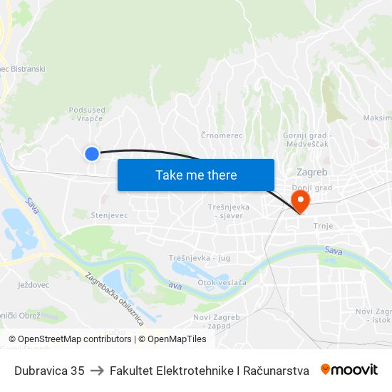 Dubravica 35 to Fakultet Elektrotehnike I Računarstva map