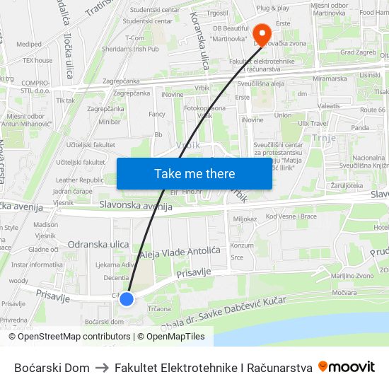 Boćarski Dom to Fakultet Elektrotehnike I Računarstva map