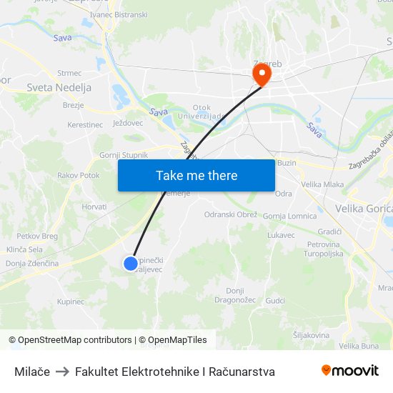 Milače to Fakultet Elektrotehnike I Računarstva map