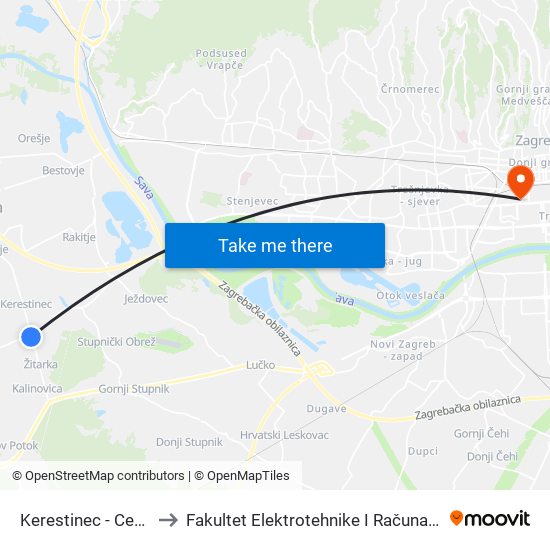 Kerestinec - Centar to Fakultet Elektrotehnike I Računarstva map