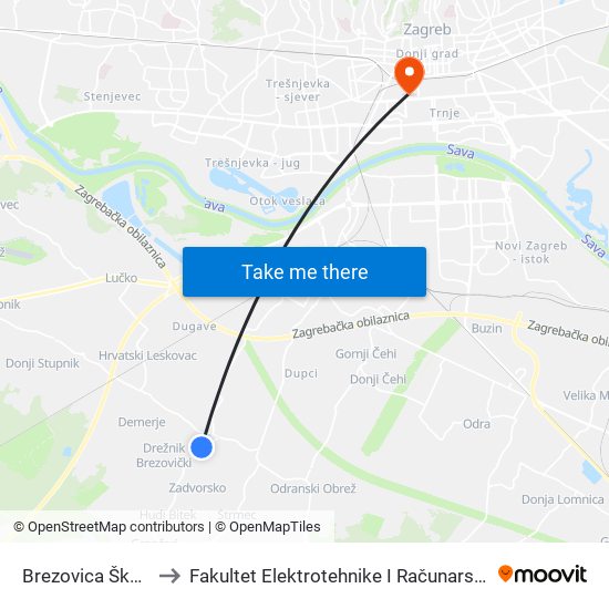 Brezovica Škola to Fakultet Elektrotehnike I Računarstva map