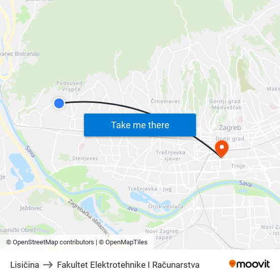 Lisičina to Fakultet Elektrotehnike I Računarstva map