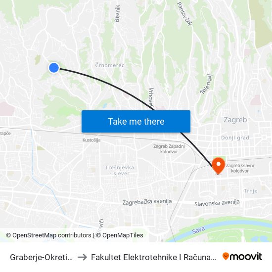 Graberje-Okretište to Fakultet Elektrotehnike I Računarstva map