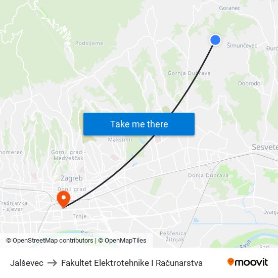 Jalševec to Fakultet Elektrotehnike I Računarstva map