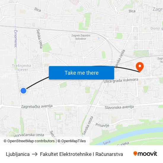 Ljubljanica to Fakultet Elektrotehnike I Računarstva map