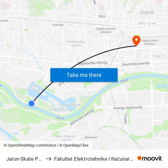 Jarun-Skate Park to Fakultet Elektrotehnike I Računarstva map