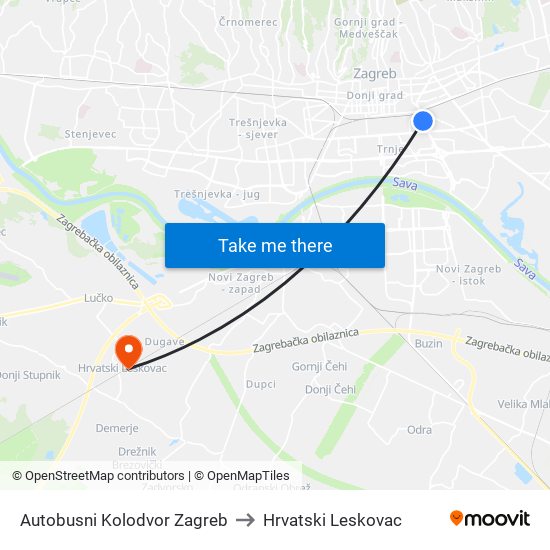 Autobusni Kolodvor Zagreb to Hrvatski Leskovac map