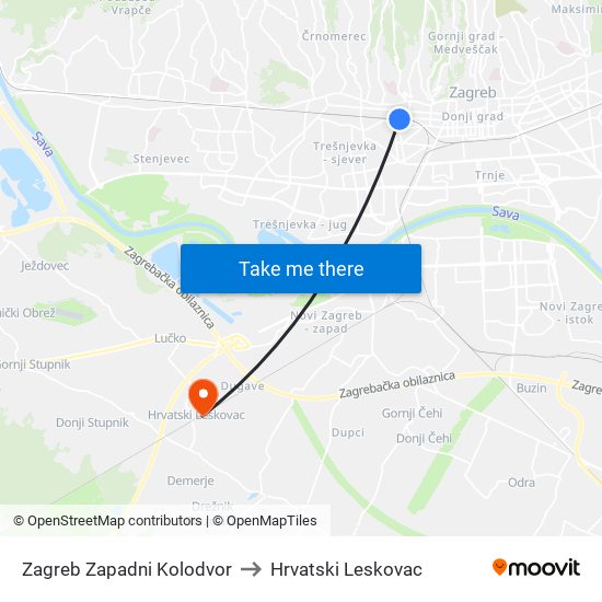 Zagreb Zapadni Kolodvor to Hrvatski Leskovac map