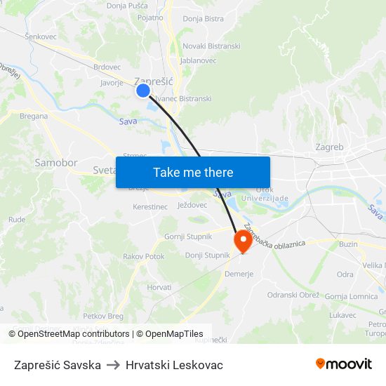 Zaprešić Savska to Hrvatski Leskovac map