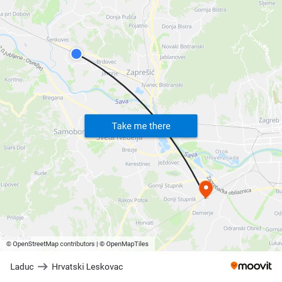 Laduc to Hrvatski Leskovac map