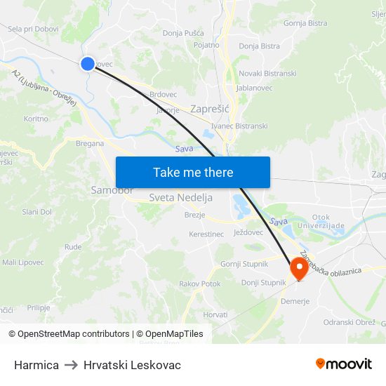 Harmica to Hrvatski Leskovac map