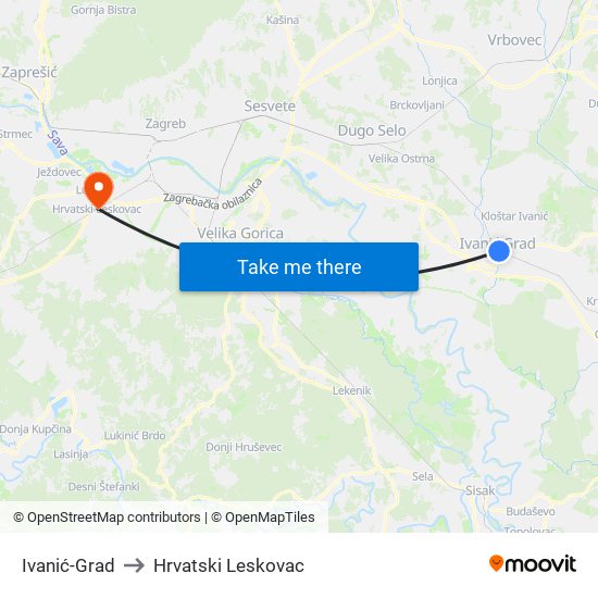 Ivanić-Grad to Hrvatski Leskovac map