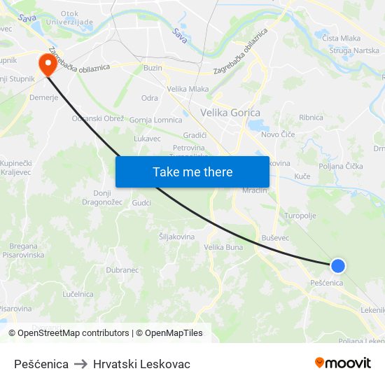 Pešćenica to Hrvatski Leskovac map