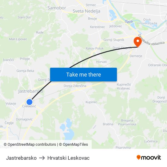 Jastrebarsko to Hrvatski Leskovac map