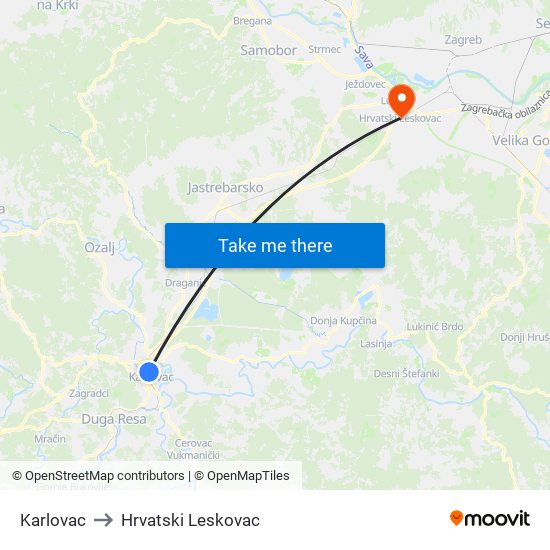 Karlovac to Hrvatski Leskovac map