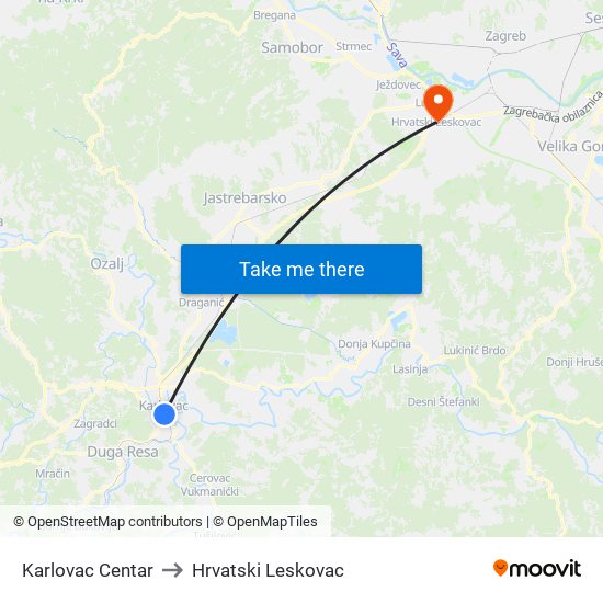 Karlovac Centar to Hrvatski Leskovac map