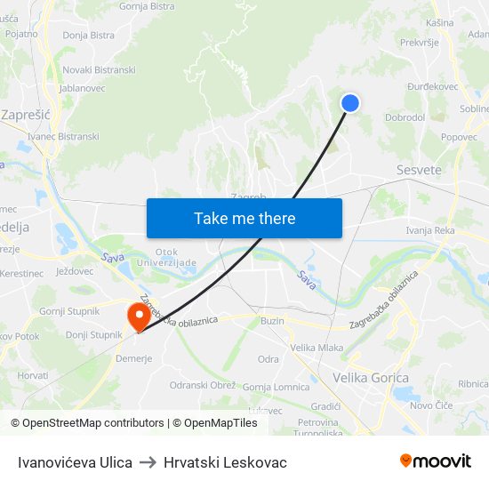 Ivanovićeva Ulica to Hrvatski Leskovac map