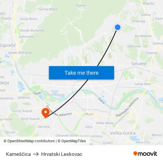 Kameščica to Hrvatski Leskovac map