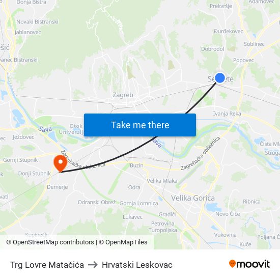 Trg Lovre Matačića to Hrvatski Leskovac map