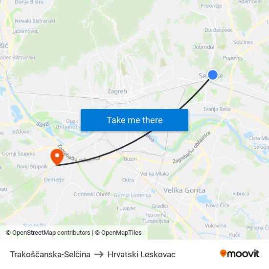 Trakoščanska-Selčina to Hrvatski Leskovac map