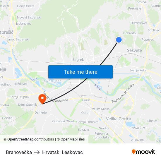 Branovečka to Hrvatski Leskovac map