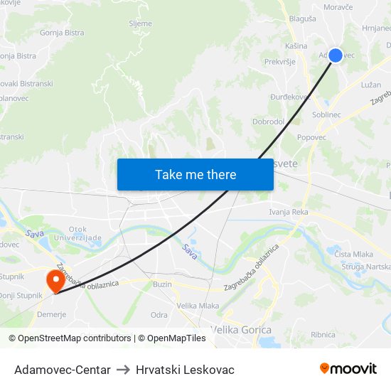 Adamovec-Centar to Hrvatski Leskovac map