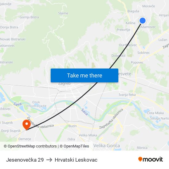 Jesenovečka 29 to Hrvatski Leskovac map