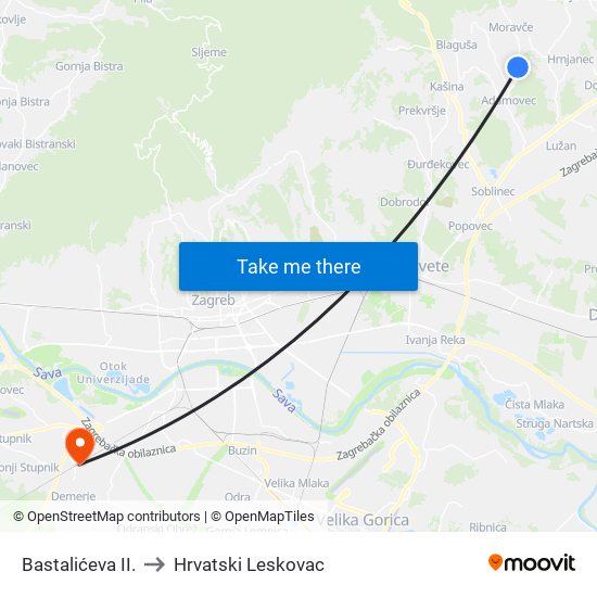 Bastalićeva II. to Hrvatski Leskovac map