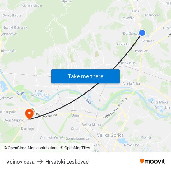 Vojnovićeva to Hrvatski Leskovac map