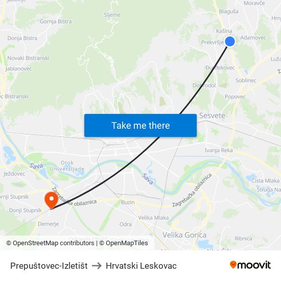 Prepuštovec-Izletišt to Hrvatski Leskovac map