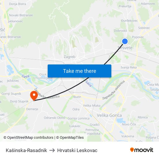 Kašinska-Rasadnik to Hrvatski Leskovac map