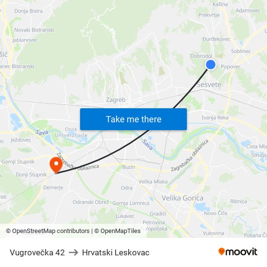 Vugrovečka 42 to Hrvatski Leskovac map