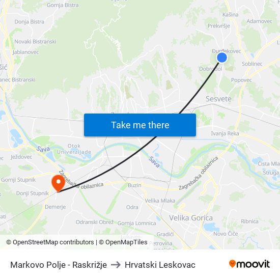 Markovo Polje - Raskrižje to Hrvatski Leskovac map