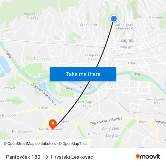 Pantovčak 180 to Hrvatski Leskovac map